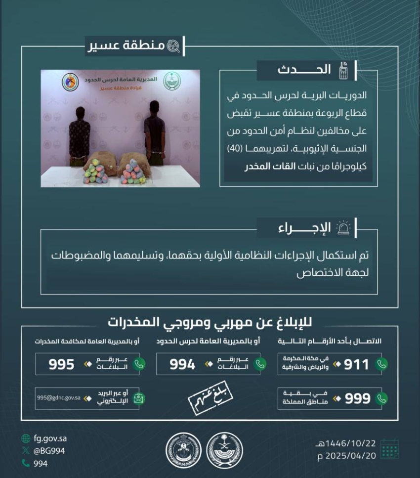 القبض على مخالفين لتهريبهما (40) كجم من القات بـالربوعة